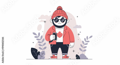 A stylized illustration of a person wearing a beanie, sunglasses, and jacket, holding a phone