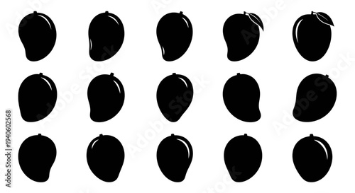 Set of black silhouettes of mangoes on white background fruit icons vector graphics