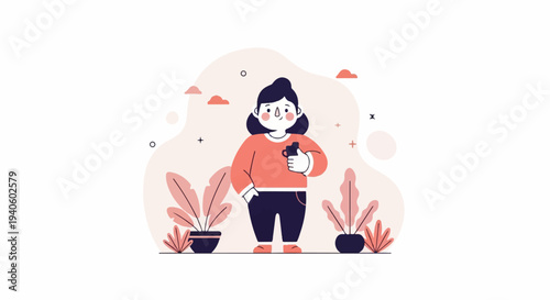 Person holding mug, surrounded by plants, abstract shapes, and clouds