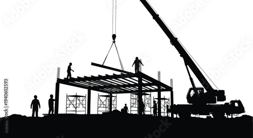 A striking silhouette depicts construction workers collaborating on a building s steel framework utilizing a large crane for support