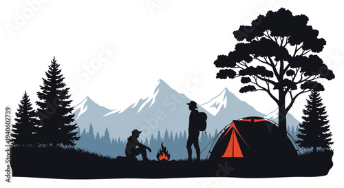 A silhouetted scene depicts two people camping outdoors with a tent campfire and a mountainous backdrop high quality professional