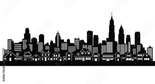A striking black and white silhouette depicts a dense urban skyline with varied building heights and architectural styles high quality professional