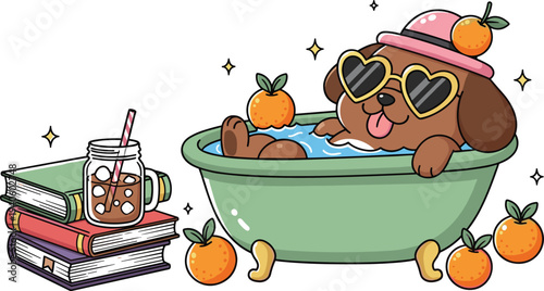 Funny dog relaxing in bathtub with oranges and sunglasses illustration with overbooked underbathed quote isolated on white background for humor and sticker design