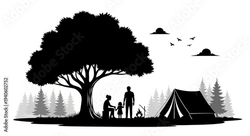 Family Camping Under a Large Tree Silhouette.