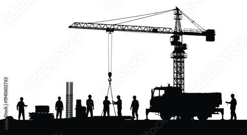A stark black silhouette depicts a construction site with a large crane workers and heavy machinery against a white background