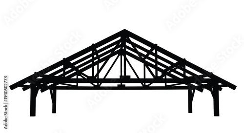 A detailed black silhouette depicts the intricate wooden framework of a gable roof structure showcasing architectural design high quality