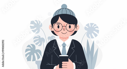 Person in suit and hat holding a cup, with plants in background