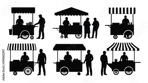 A collection of black silhouettes of people and carts