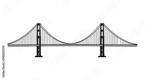 A minimalist black and white line drawing depicts a symmetrical suspension bridge with two prominent towers and cables high quality professional