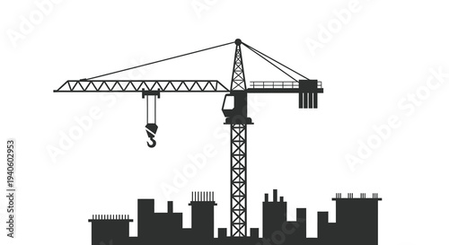 A minimalist black silhouette depicts a towering construction crane overlooking a cityscape of gray buildings high quality professional detailed