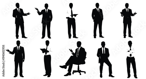 A collection of silhouetted businessmen in suits and varying poses depicting a corporate environment and professional interactions high quality