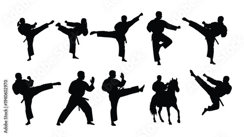 Silhouette of people performing various martial arts kicks and punches