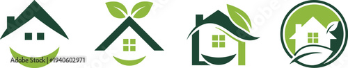 Eco friendly house logo set with green leaves sustainable home icons collection for real estate, organic living, renewable energy and environmental concept