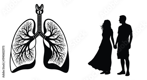 A striking black and white image depicts human lungs morphing into a couple holding hands symbolizing breath and connection