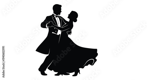 A striking black silhouette depicts a couple elegantly engaged in a ballroom dance showcasing grace and partnership high quality