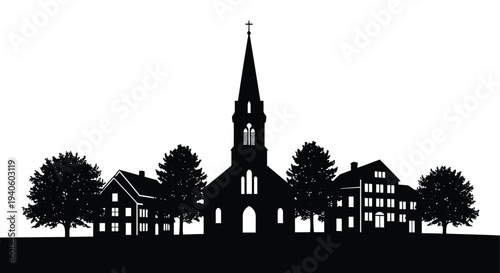 A striking black and white silhouette depicts a quaint european town featuring a prominent church steeple and surrounding buildings high quality