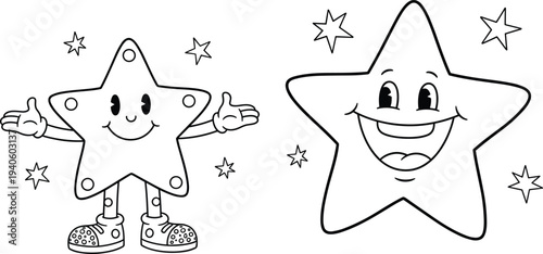 Cute star cartoon characters coloring page illustration with smiling star mascots and small stars outline drawing for kids activity book isolated on white