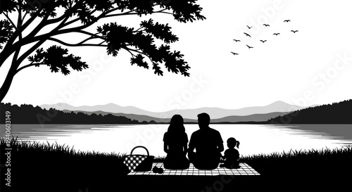 Family enjoying a serene lakeside picnic together.