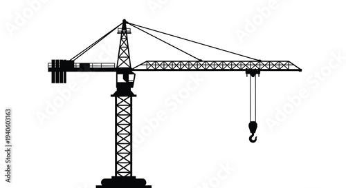 A stark black and white silhouette depicts a towering construction crane against a clean white background symbolizing industry and progress