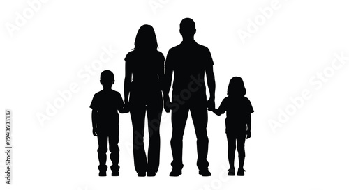 A striking silhouette depicts a family of four holding hands showcasing a unified bond against a bright undefined background