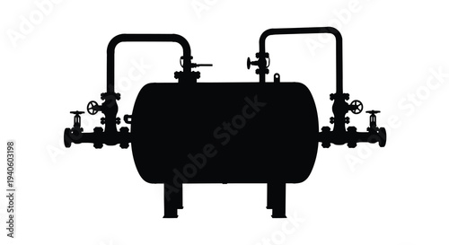 A stark silhouette depicts an industrial pressure tank with attached pipes valves and supporting legs against a white backdrop