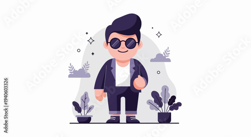 A stylish, cartoon-like person in sunglasses and a suit, surrounded by plants and starry accents
