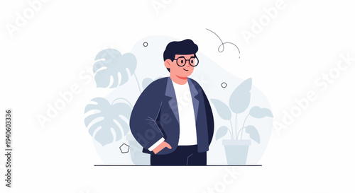 Smiling man in suit with glasses stands amidst stylized plants and abstract shapes