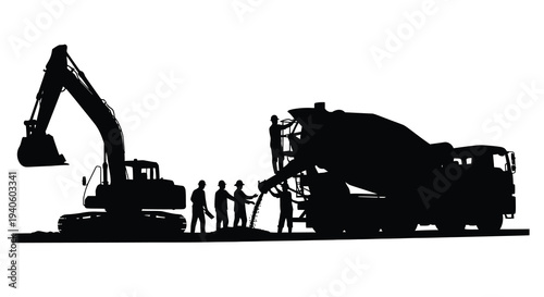 A silhouetted scene depicts construction workers operating heavy machinery including an excavator and a cement mixer on a worksite