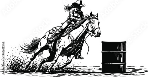 Cowgirl rider skillfully guiding a fast-running horse around a large black oil barrel during a competitive rodeo barrel racing event.