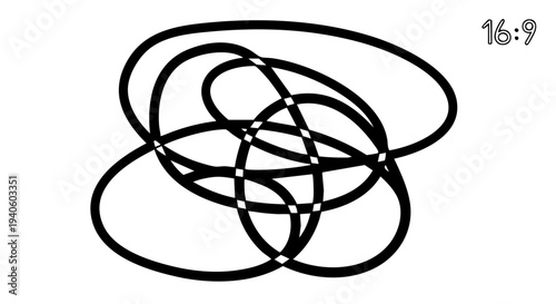 Black abstract intertwined rings on white background with clock symbol.