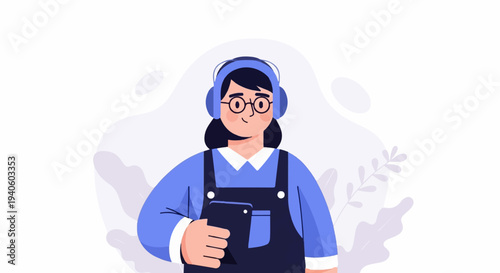 Person with headphones and tablet, surrounded by abstract floral shapes