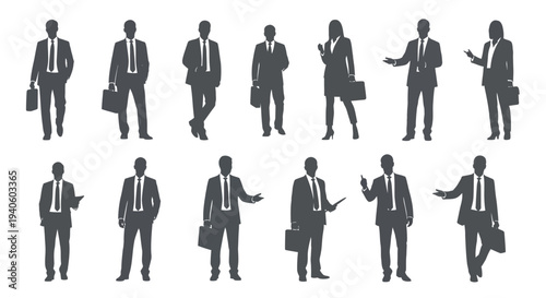 A collection of silhouetted businesspeople in formal attire primarily suits depicted in various poses and interactions high quality professional