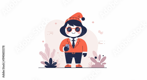 Stylized character in orange blazer, hat, and sunglasses, holding a phone
