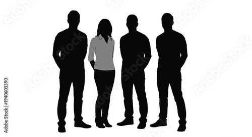 A silhouette depiction of four individuals standing closely together suggesting a team or group dynamic against a white background