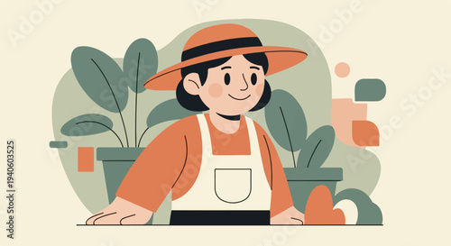 Cheerful gardener in hat tending to potted plants with abstract shapes and warm colors