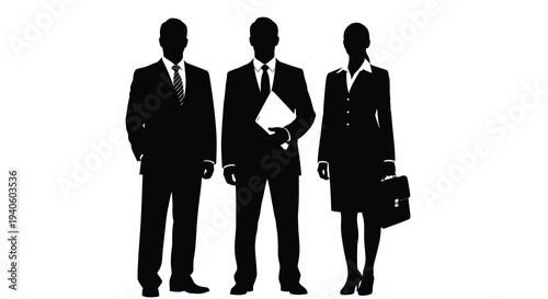 A striking silhouette showcases three formally dressed business professionals suggesting teamwork and corporate leadership high quality professional detailed modern
