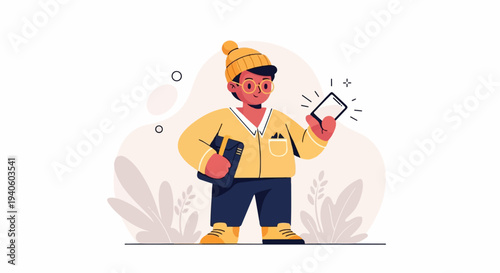 Cartoon figure in yellow outfit holding book and smartphone