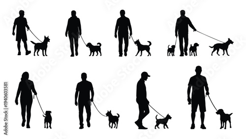 People walking dogs in various poses and locations