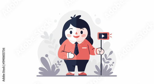 Cheerful character holding a phone on a selfie stick with a play button icon