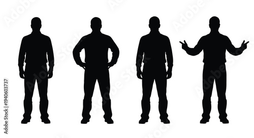 Four identical black silhouettes of men in casual attire stand in a row against a stark white background presenting various poses