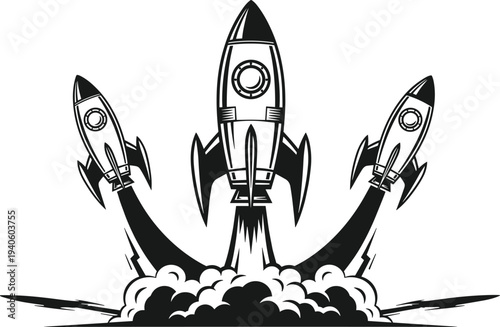 Rocket launch illustration with three spaceships taking off from smoke cloud space exploration startup growth and innovation concept vector isolated on white background