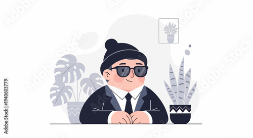 A cartoon character in a suit and beanie sits with hands clasped, surrounded by houseplants