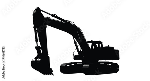 A striking silhouette depicts a powerful excavator showcasing its mechanical arm and tracks against a stark white background