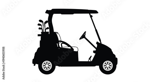 A stark black silhouette depicts a golf cart with clubs showcasing its side profile and essential design elements