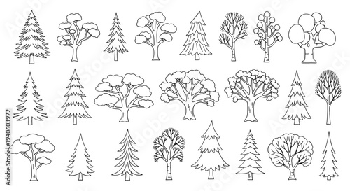 Minimalist Tree Line Art Collection: Deciduous and Coniferous Woodland Icons