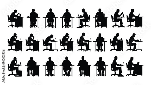 Various silhouettes of people sitting at desks and working on computers