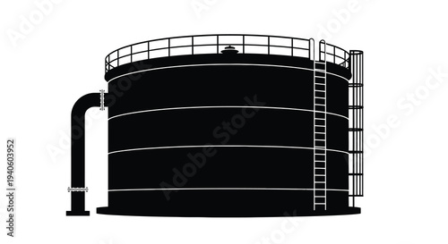 A stark silhouetted image depicts a large cylindrical industrial storage tank with a ladder and piping high quality professional