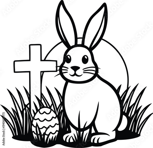 Easter Bunny and Cross Illustration Spring Holiday Theme Religious Symbolism Festive Design Stock Graphic