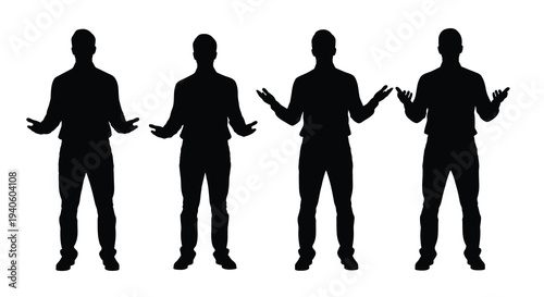 A series of four identical black silhouettes depict a man with arms outstretched suggesting openness or presentation high quality
