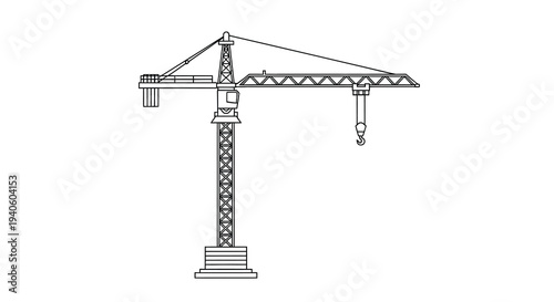 A minimalist line drawing depicts a tall construction crane showcasing its structural elements and lifting capabilities high quality professional